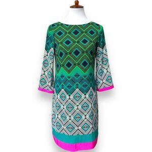 Eliza J Green Colorful Geo Block Print Long Sleeve Shift Dress Women’s Size 6